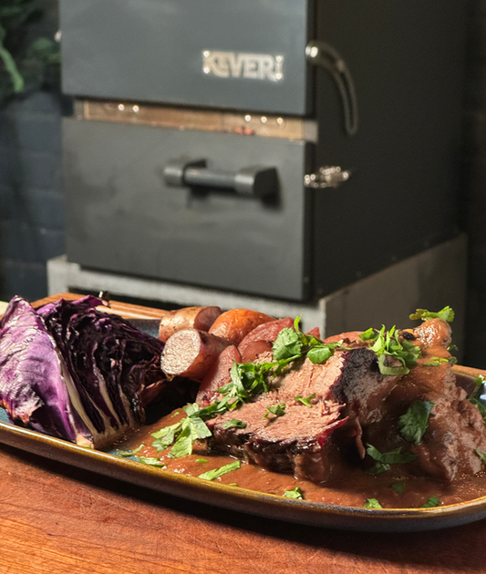 Oven pot roast with grilled potatoes