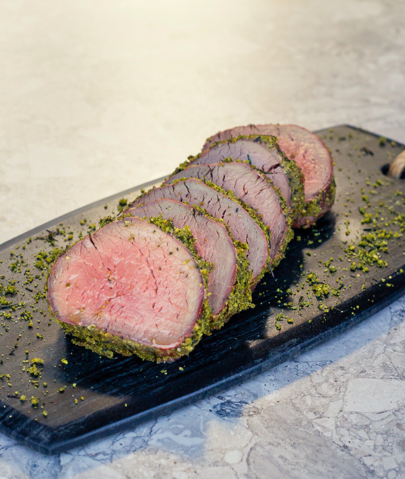 Beef Tenderloin with Pistachio Herb Crust